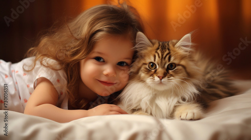 Small child lies on a bed with a cat. Kitten and baby childhood friendship. Baby and cat. Child and Kitten lying together on the bed