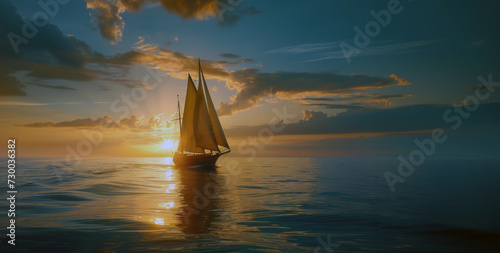 Sailboat on the water during sunrise or sunset. Sky is filled with warm, golden hues