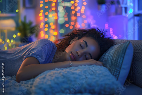Sweet Dreams in Cozy Winter: Young Woman Sleeping Peacefully in Attractive Bedroom with Christmas Lights"