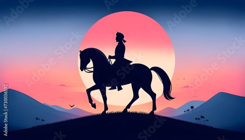 Silhouette of a indian warrior shivaji maharaj on horse at sunset.