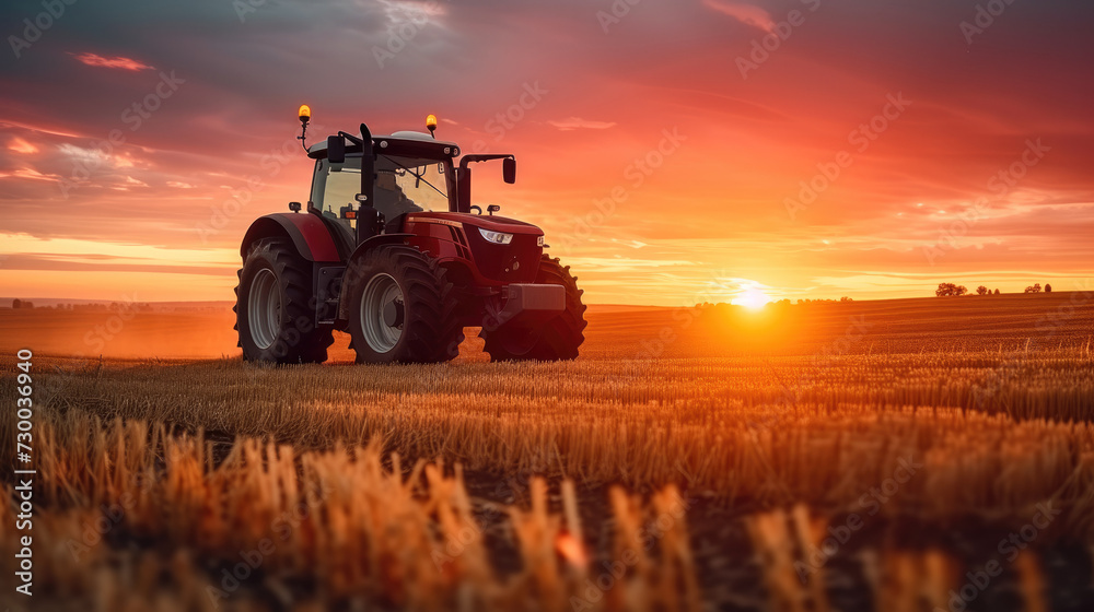 Fototapeta premium Tractor driving on the field at sunset. Generative AI.