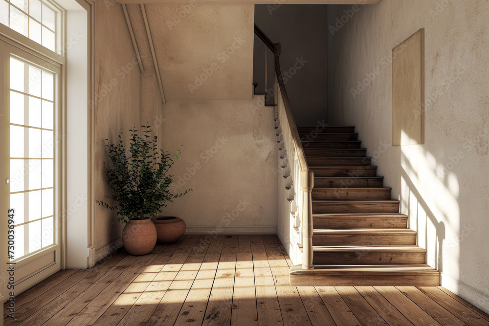 Staircase with wooden floor and walls with sunlight. Concept of a comfortable and attractive interior space
