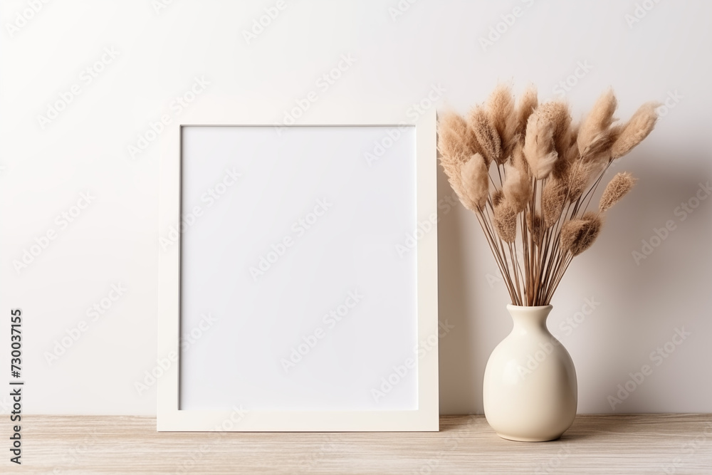 Side View Minimalist Frame Mockup. Minimalist white frame mockup with pampas grass for interior design themes.