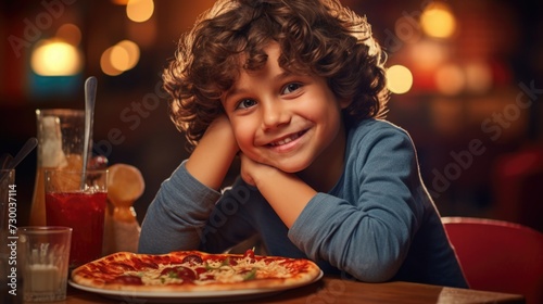 small child eats pizza. happy kid and fast food. delicious Italian pastries. pizza day. baby smiles