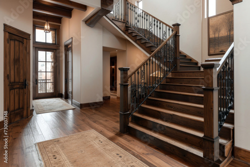 Stairs in the home interior with a wooden structure with a dark finish