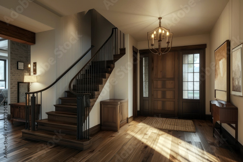 Stairs in the home interior with a wooden structure with a dark finish © ColdFire