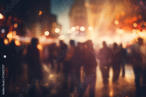 Blurred crowd on an evening street with warm bokeh lights, ideal for festive backgrounds. Bokeh Lights and Evening Street Crowd © Anastasiia Ignateva