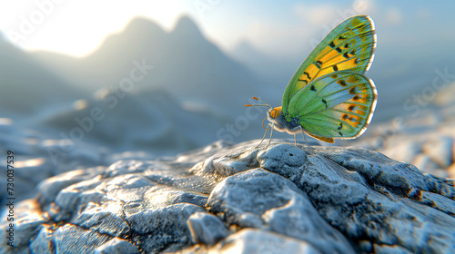 green and yellow butterfly stands on a rocky surface, with soft-focused mountains and sunlight in the background