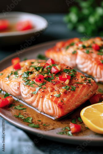 Fish baked salmon fillet on the table, fish for healthy dinner