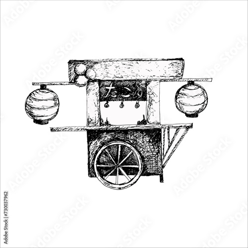 Traditional Asian street cart vector illustration. Japanese cafe on wheels with traditional lanterns, with street food for cafe, menu, restaurant design