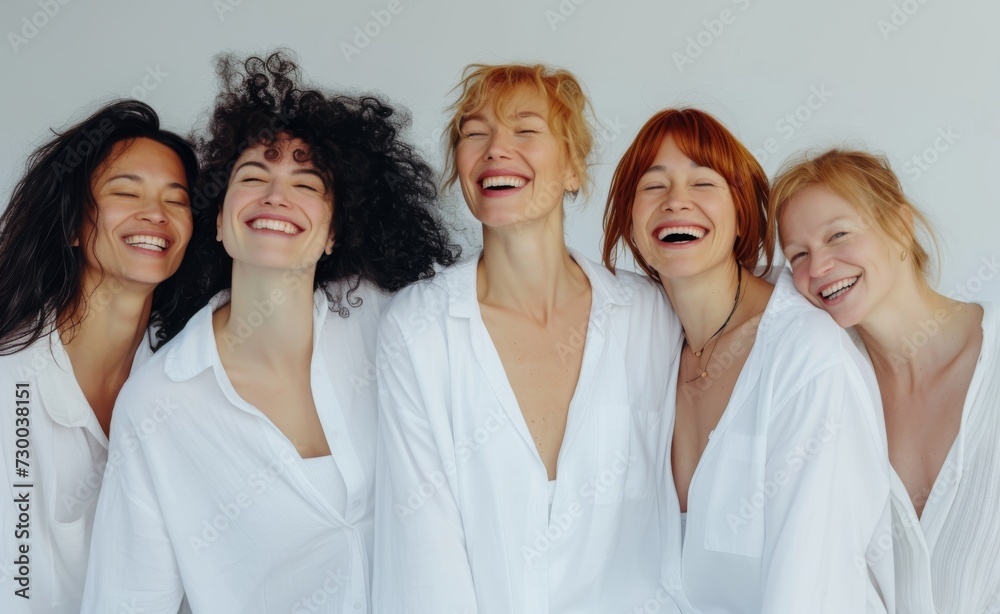 Four female models of different ages celebrating their natural bodies, confident and happy women smiling cheerfully while wearing white shirts. Four female models of different ages celebrating their natural bodies, confident and happy women smiling cheerfully while wearing white shirts.