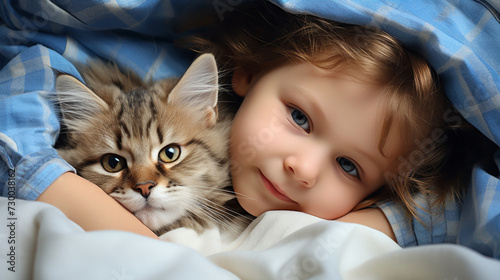 Small child lies on a bed with a cat. Kitten and baby childhood friendship. Baby and cat. Child and Kitten lying together on the bed