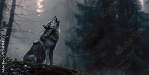 Wolf is standing in the forest and howling. Wolf in its natural environment surrounded by trees and leaves
