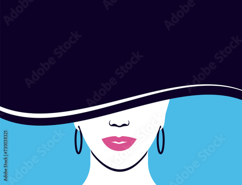 Portrait of a stylish woman wearing a hat with red lips and earrings. Minimalistic flat style. Half face closed with hat. Place for text.