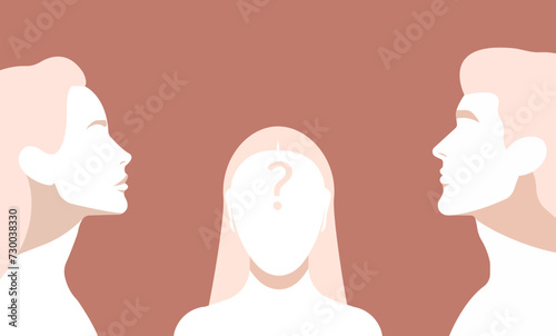 Parents profiles and girl portrait in between. Confused girl with question mark in her head. Symbol of complexity and uncertainties of family relationships. Parenthood and child issues.