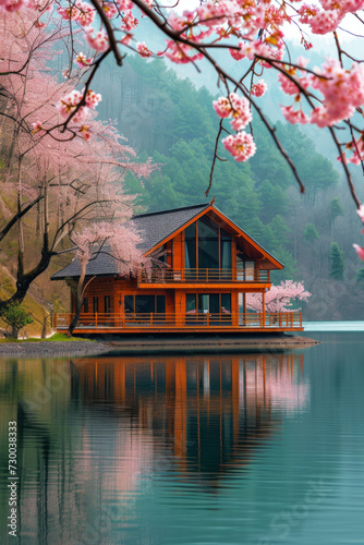 Glass transparent house by the lake with cherry blossom in bloom