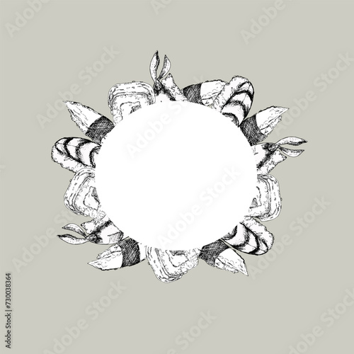 Seafood japanese traditional vector frame. Sushi, sashimi with octopus, egg and shrimp in round banner for menu, restaurant, paper design. Ebi, tako, tamago