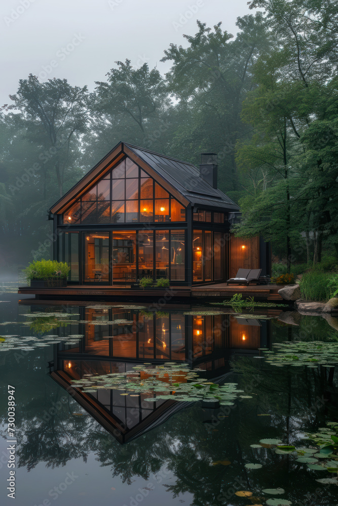 Obraz premium Glass transparent house by the lake with lotus flowers in the foreground