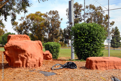 Los Angeles, California: Red Sandstone Courthouse Ruins blocks. The first courthouse in Los Angeles built in 1888 and demolished in 1936. Reused as decorative architectural at City Terrace Park