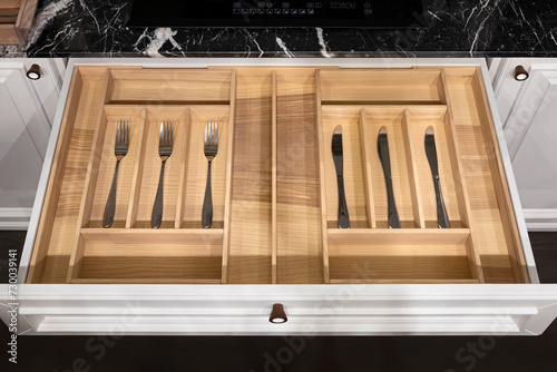 Wood kitchen drawer organizer  utensil holder with simple set of kitchen tools  furniture details