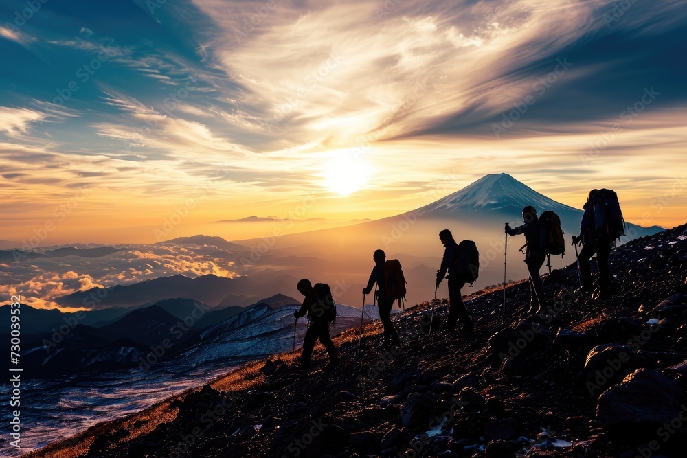 Fuji Panoramic Sunrise Trek: Trekkers Silhouetted Against the Majestic Mount Fuji, Embarking on an Alpine Adventure from Kawaguchiko, Reveling in the Beauty of Nature's Dawn.