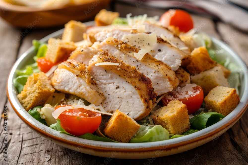Caesar salad with chicken fillet, tomatoes, croutons and parmesan in a plate on a rustic wooden background, close up Caesar salad with chicken fillet, tomatoes, croutons and parmesan in a plate on a rustic wooden background, close up