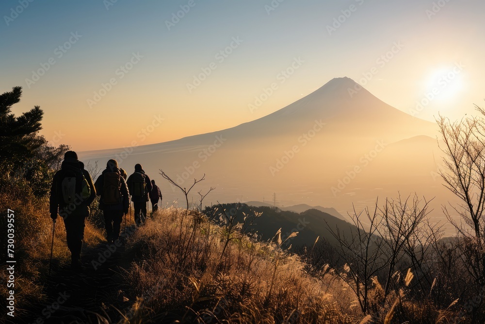 Fuji Panoramic Sunrise Trek: Trekkers Silhouetted Against the Majestic Mount Fuji, Embarking on an Alpine Adventure from Kawaguchiko, Reveling in the Beauty of Nature's Dawn.