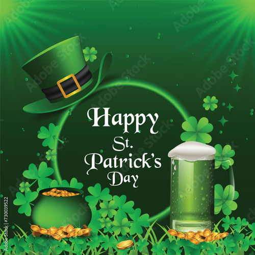 Saint patrick's day holiday with a pot of gold, shamrock, clover leaf on green background. photo