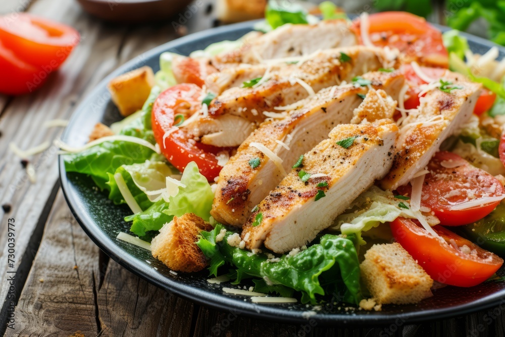 Caesar salad with chicken fillet, tomatoes, croutons and parmesan in a plate on a rustic wooden background, close up Caesar salad with chicken fillet, tomatoes, croutons and parmesan in a plate on a rustic wooden background, close up