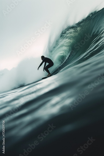 Motion blur of person surfing deep sea waves, vertical background © Ema