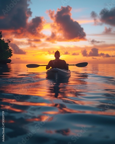 Solo Kayaker in Caribbean Bay at Dawn  A Serene Rear View  