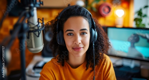 A young woman influencer records her podcast in a video studio. The concept of work in social media, journalism and radio.