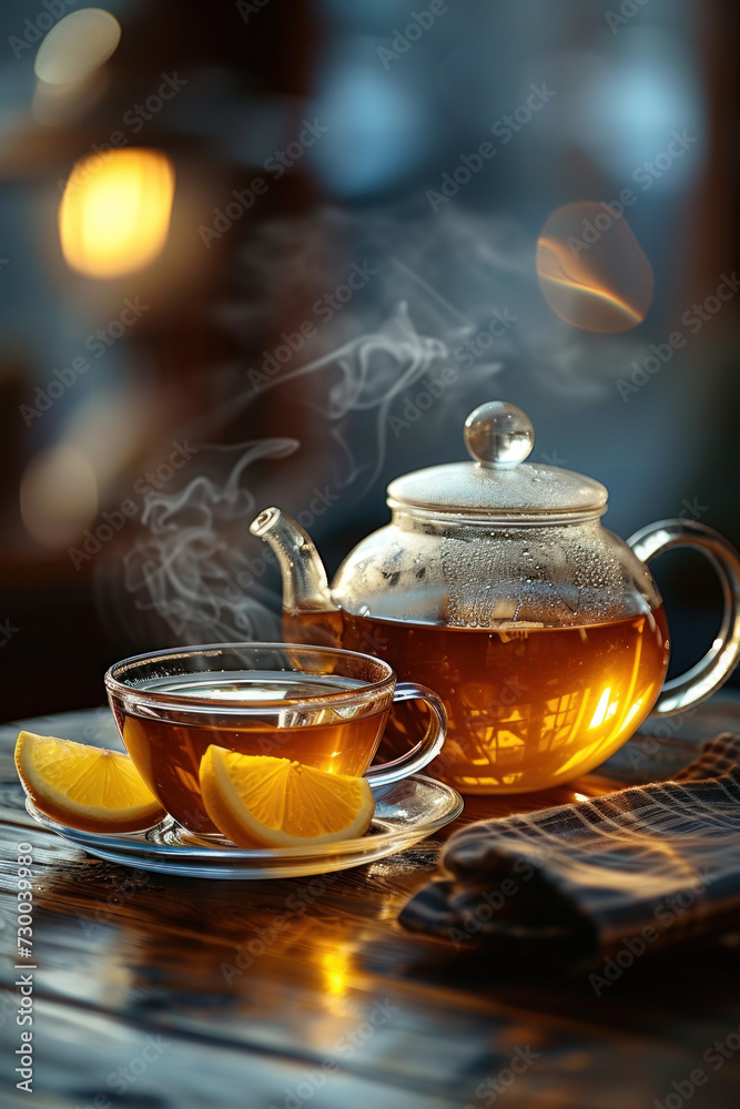 Glass teapot with brewed tea and lemon on wooden table by the window Glass teapot with brewed tea and lemon on wooden table by the window