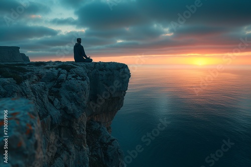 Solitude Meditation at Sunrise Over Ocean: A Rear View