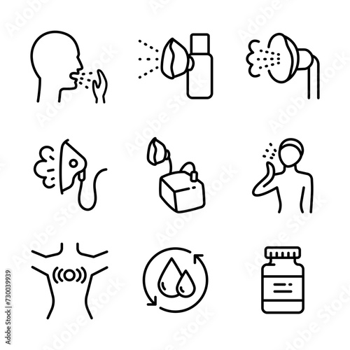 Nebulizer signs collection. Medical equipment for inhalation in the diseases, asthma, bronchitis. Healthcare symbol isolated on white background.