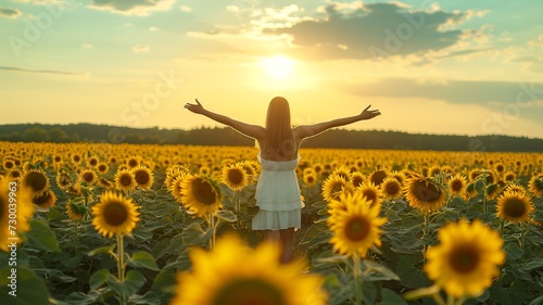 Woman Embracing Sun in Sunflower Field: A Rear View