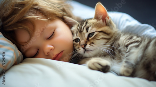 Small child lies on a bed with a cat. Kitten and baby childhood friendship. Baby and cat. Child and Kitten lying together on the bed