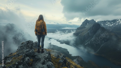 Back View of Individual on Mountaintop Overlooking Vast Landscape

 photo