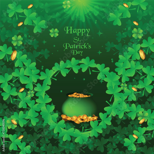 Saint patrick's day holiday with a pot of gold, shamrock, clover leaf on green background. photo