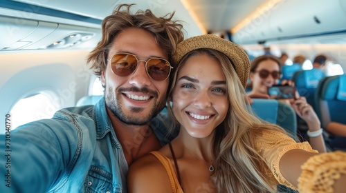 Cheerful couple taking selfie inside airplane, Passengers boarding on plane, Happy tourist on summer vacation . Generative AI. © visoot