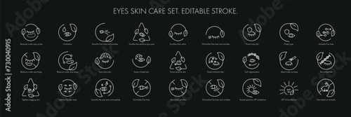 Eye skin care area icon pack set for patch, cream, mask cosmetic and beauty product, ophthalmology clinic, web, packaging. Vector stock illustration isolated on black background. Editable stroke.