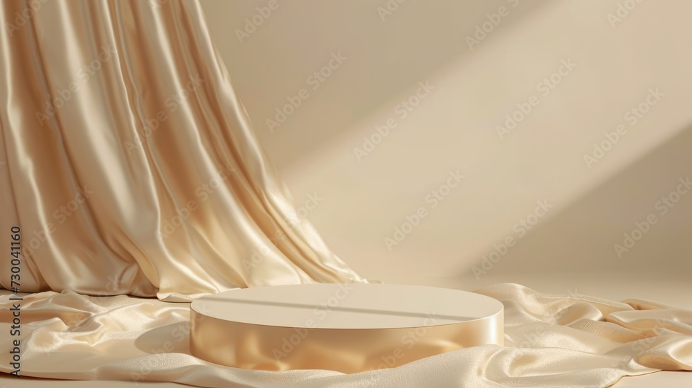 Podium pedestal and silky cloth in motion on beige background for product presentation or showcase empty mockup - obrazy, fototapety, plakaty 