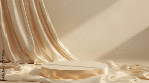 Podium pedestal and silky cloth in motion on beige background for product presentation or showcase empty mockup