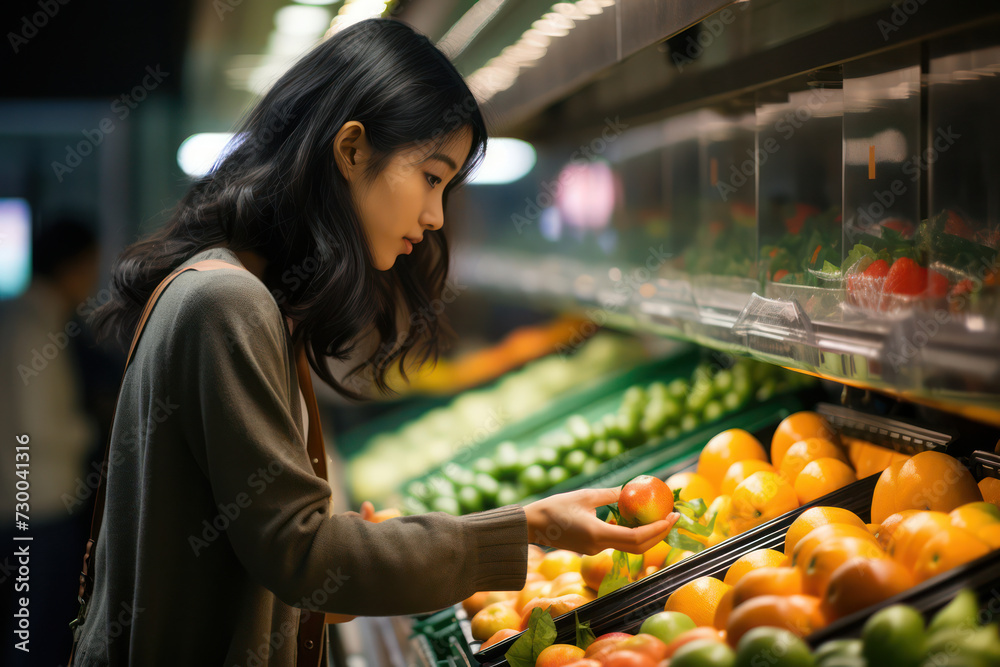 Green Choices: Beautiful Hispanic Woman Selecting Fresh Organic Fruits and Vegetables in a Casual Supermarket Lifestyle.