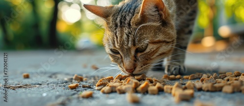Outdoor park close up of street cat eating pet food, demonstrating care for homeless animals.