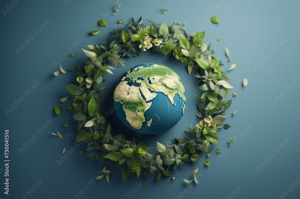World Earth Day Concept. Planet earth with green leave. The concept of caring and loving the planet. Planet Earth on a blue background