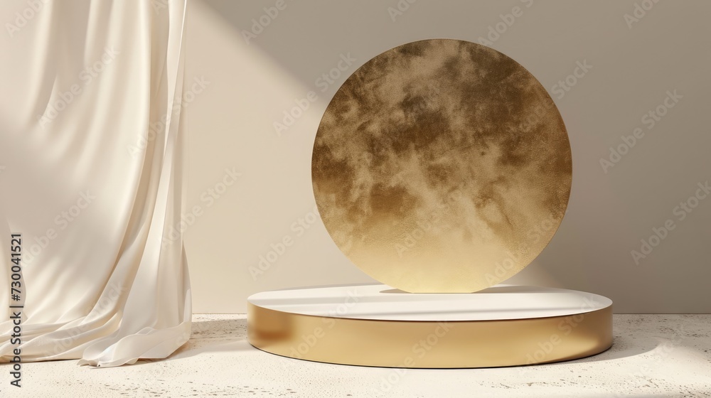Podium pedestal, round golden circle frame and silky cloth in motion on beige background for product presentation or showcase empty mockup Podium pedestal, round golden circle frame and silky cloth in motion on beige background for product presentation or showcase empty mockup