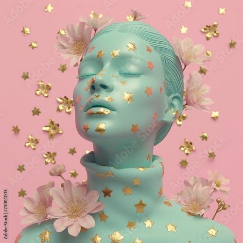 mint-colored girl with gold spots and flowers on a pink background 3D illustration.