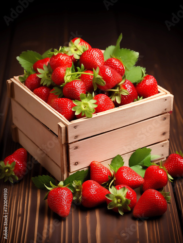 Closeup of fresh strawberries on a wooden table in a wooden basket on table with black background. Juicy and ripe delicious strawberries for banner advertising with strawberry ingredients.