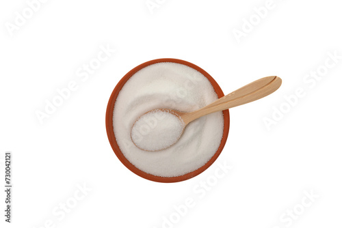 Glucono-delta-lactone (GDL), also known as gluconolactone. Food additive E575 on white background, top view. Acidity regulator, baking powder